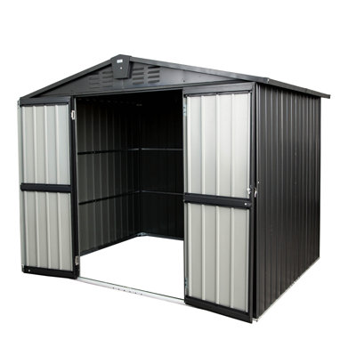 8.2'X 6.2' Outdoor Galvanized Cabinet, Lockable Door. 318 Cubic Feet Storage, Rust. Roof, 16 Air Vents. For Backyard, Patio Use. Black 8.2X6.2Ft Metal Storage Shed For Patio, Lawn. Steel, Door, Feet.