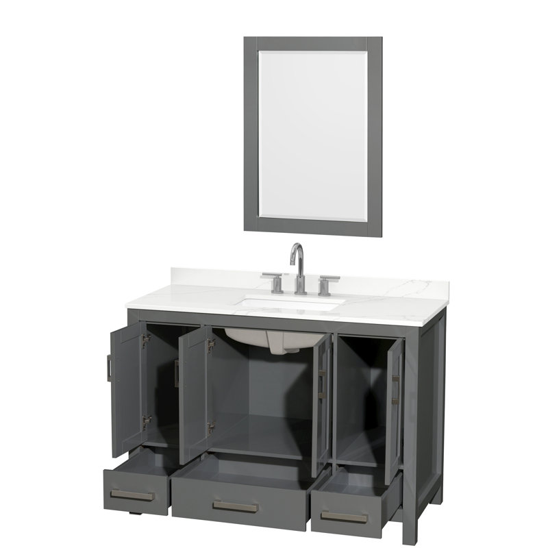Sheffield 48" Freestanding Single Bathroom Vanity with Quartz Top with 24" Mirror, Dark Gray, White Quartz, Widespread