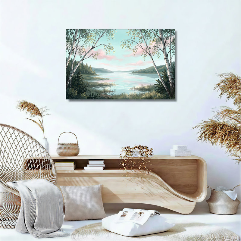 Art mural sur toile avec bouleaux blancs encadrant un lac avec des nuages roses, H 12 po x l 18 po