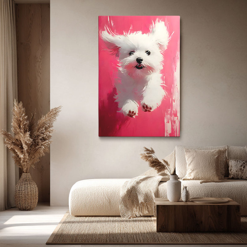«Chiot blanc sur fond rose vif», 40 * 28 pouces (100 * 70 * 2 cm)