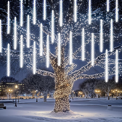  864 LED Christmas Light, Meteor Shower Rain Lights 11.8 Inch 24 Tubes, Waterproof Plug in Falling Rain Lights Christmas Decorations for Xmas Bushes Tree Yard Party (White)