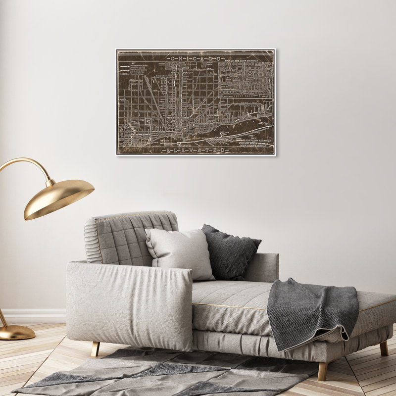 «Chicago Railroad Map Leather», reproduction d'impression sur toile, Cadre blanc, H 30 po x l 20 po