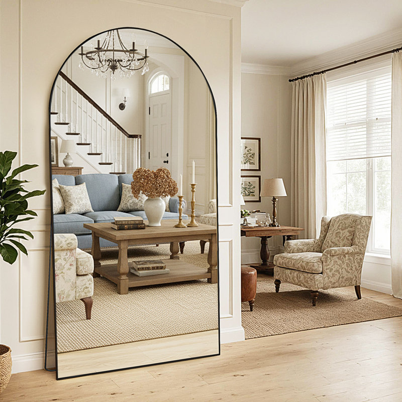 Large Oversized Arched Floor Mirror With Stand, Wall Mirror, 83" x 44", Matte Black