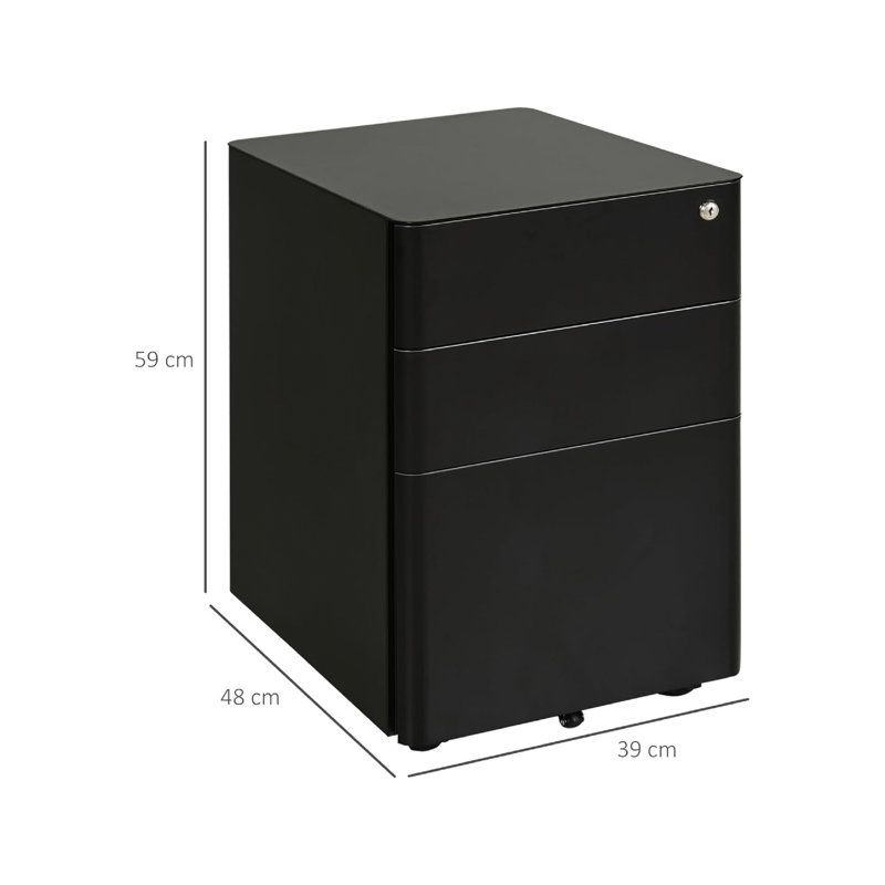 39 cm W 3 -Drawer Wheels / Casters included Mobile Steel Filing Cabinet, Black