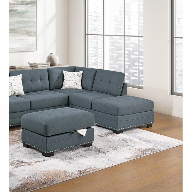 Ensemble de salon modulaire en forme de L avec repose-pieds et canapé capitonné 3 pièces, Gris foncé