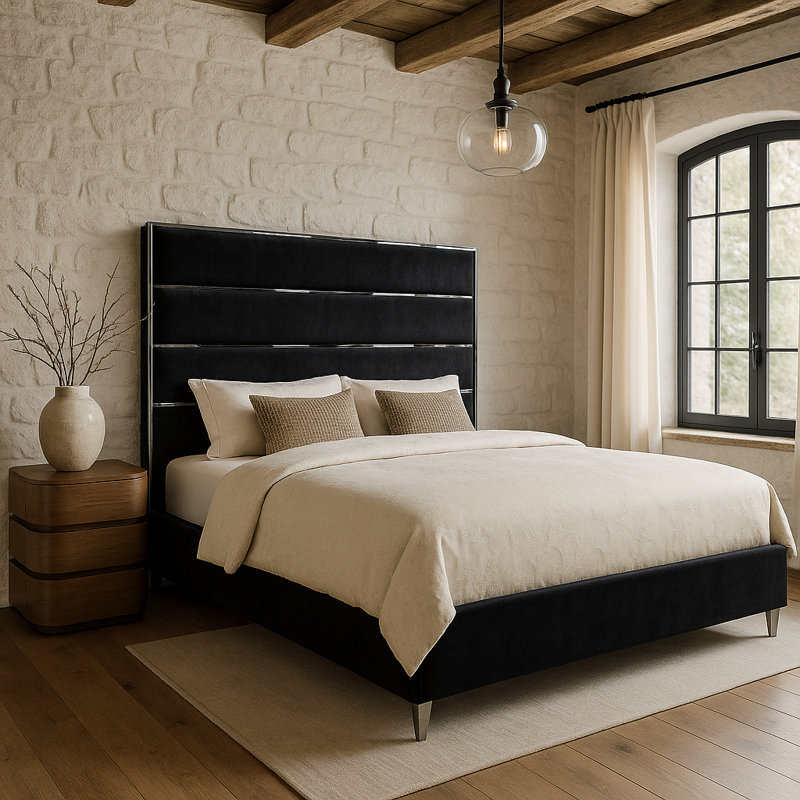 Dietz Upholstered Platform Bed, Black Velvet, King