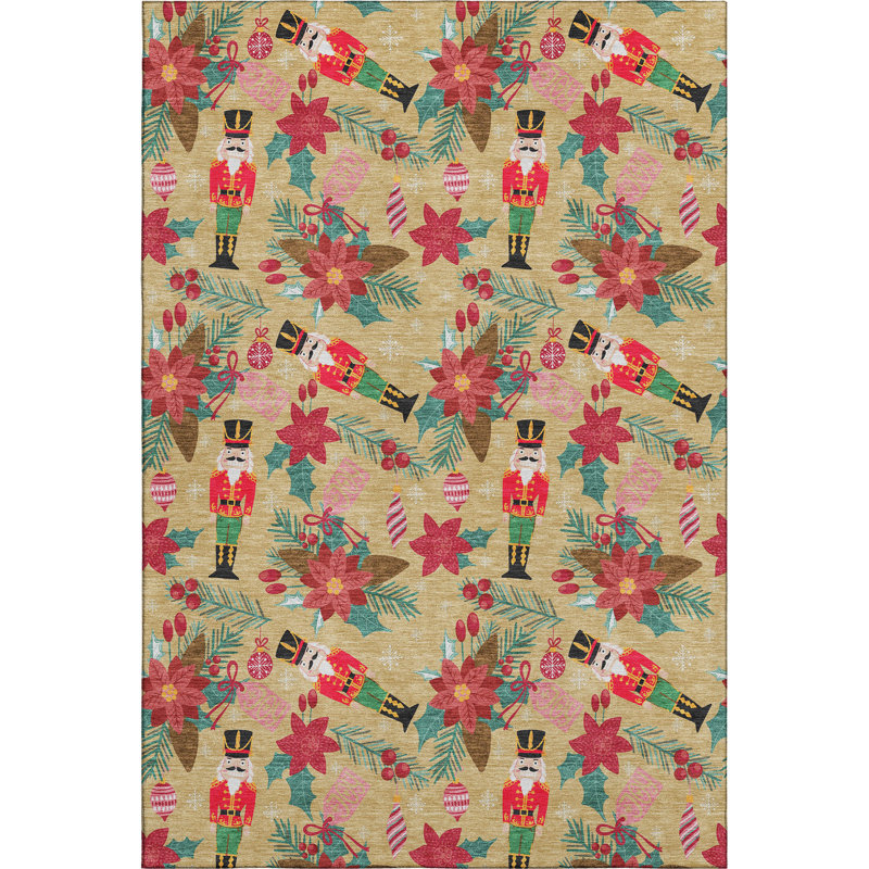 Premium Machine Washable Dockside AMF1822 Nutcracker and Poinsettia Rug, Rectangle 3' x 5'