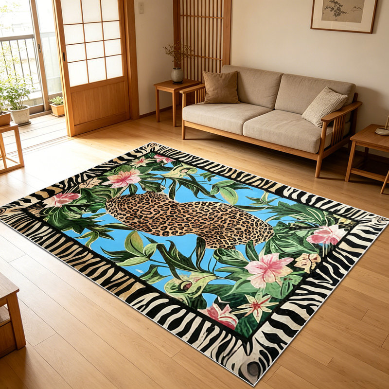 1PC Leopard Tropical Floral Zebra Fringe Animal Print area rugs for Living Room, Soft and Comfortable, Suitable for all seasons, easy-to-maintain, machine washable Indoor floor mat, Under Table Farmhouse suitable for dining table, entryway, bedroom,