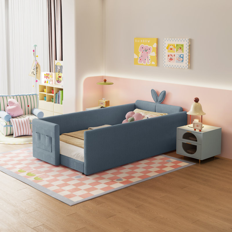 Twin Size Upholstered Platform Bed With Cute Rabbit Ear Shaped Headboard, Safety Rail, And Convenient Storage Pocket, Boucle Fabric – Perfect For Kids' Bedroom