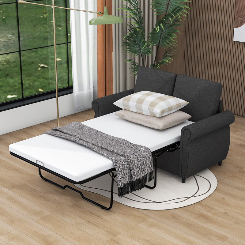Raqual Pull Out Sofa Bed with Twin Memory Mattress, Gray 100% Linen