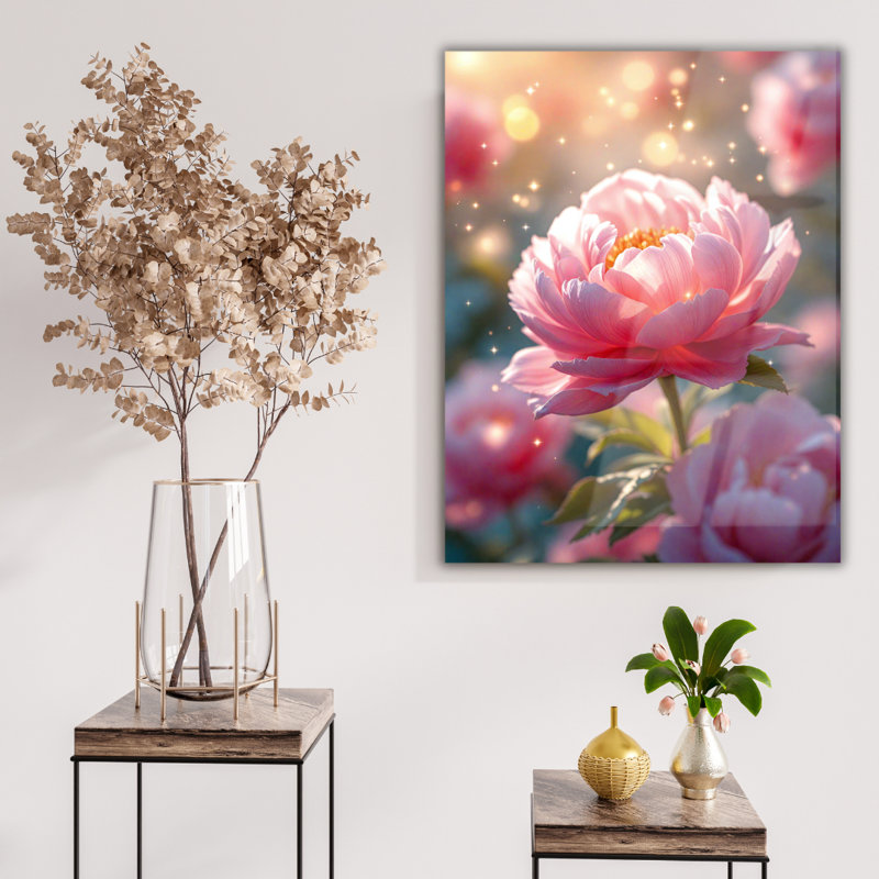 Art mural en verre trempé rose pivoine, H 24 po x l 18 po