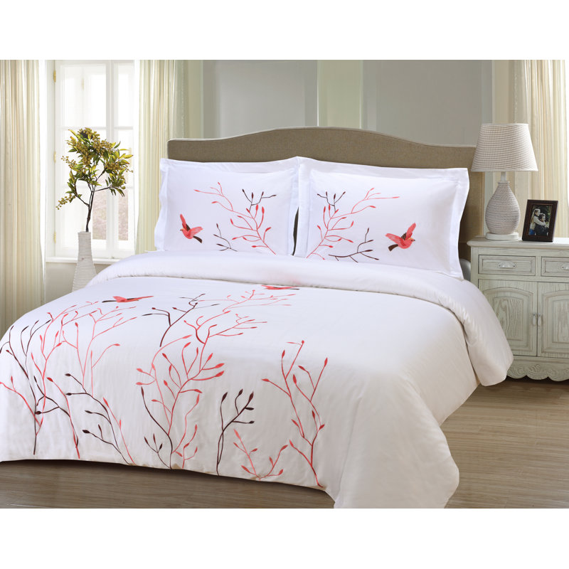 Housse de couette brodée 100% coton avec 2 taies décoratives Superior Swallow, Rouge