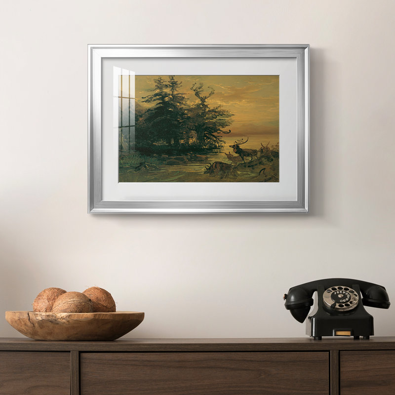 «Deer by a Mountain Lake» par Fred Gauermann, reproduction encadrée avec passe-partout et verre Milieu du 19e siècle, Argent