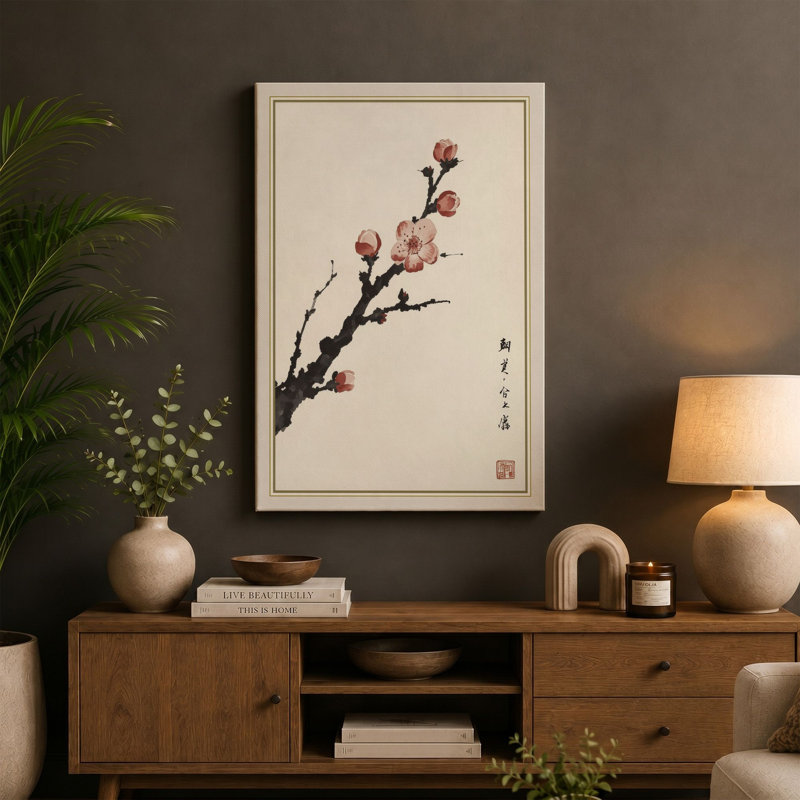 Blossom Branch Japandi - Wrapped Canvas, 36x24 - 91.4 x 61.0 cm, Black Border
