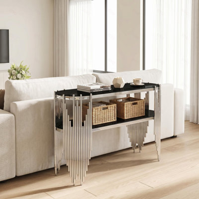 Console argentée avec 2 tablettes en verre trempé noir, table d'entrée ovale moderne pour le couloir et le salon, structure en acier inoxydable poli
