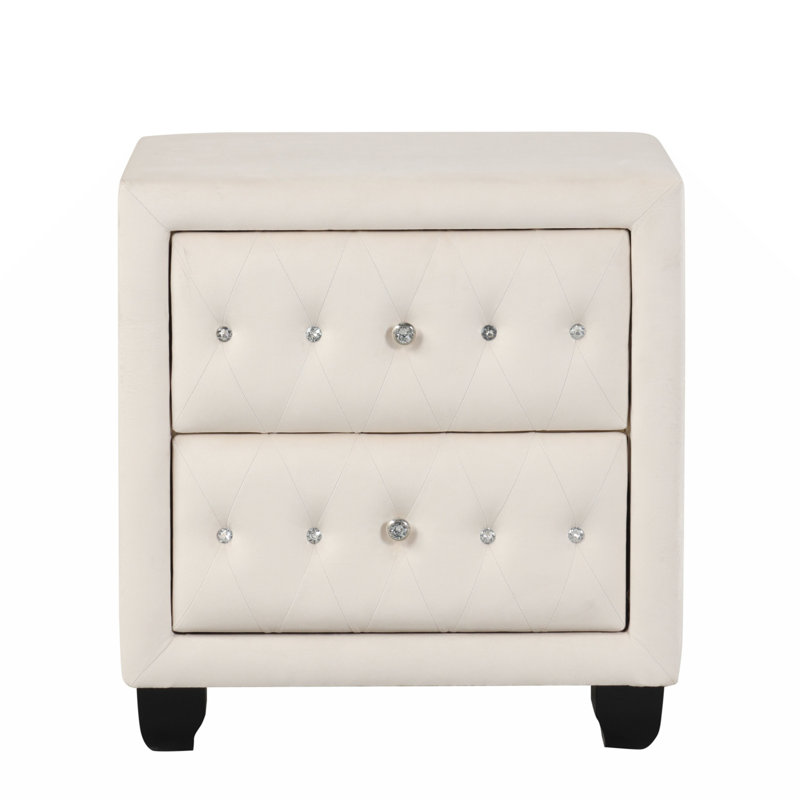 Table de chevet à 2 tiroirs capitonnée de style moderne recouverte de velours en bois crème, Cream