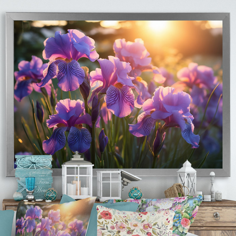 " Purple Irises Field With Sunset III ", 12" H x 20" W x 1" D, Silver Single Picture Framed
