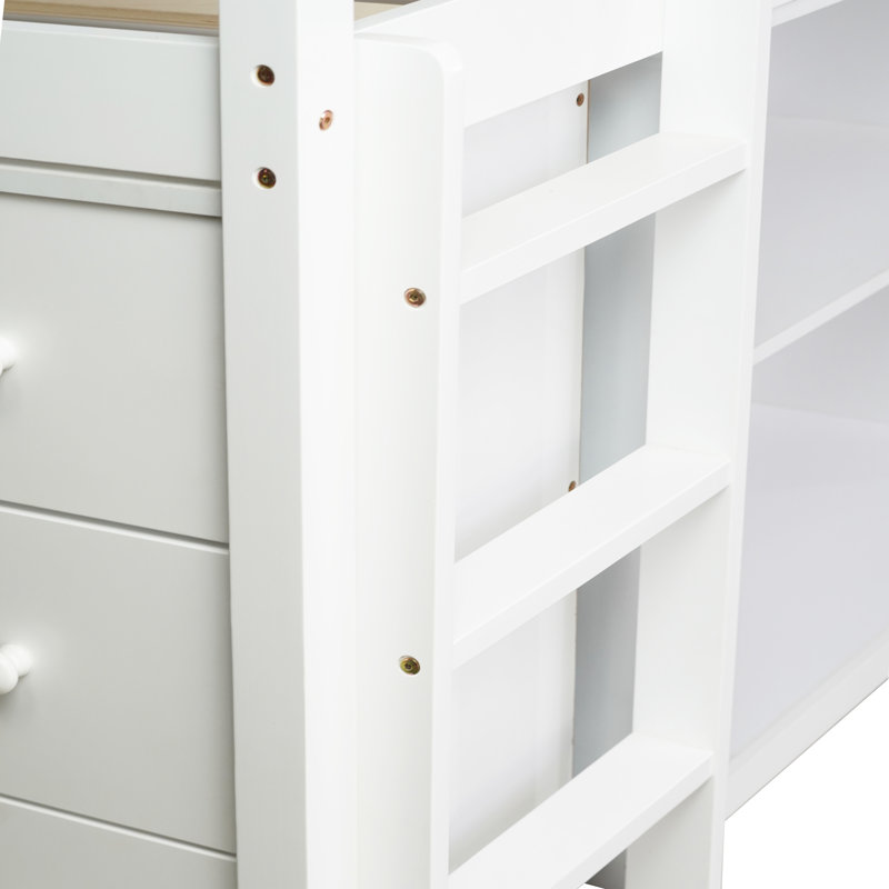 Lit mezzanine 4 en 1 blanc avec armoires de rangement, bureau coulissant et dispositifs de sécurité - lit parfait pour les petites pièces