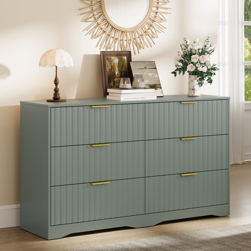 Commode 6 tiroirs cannelée en bois moderne, Vert