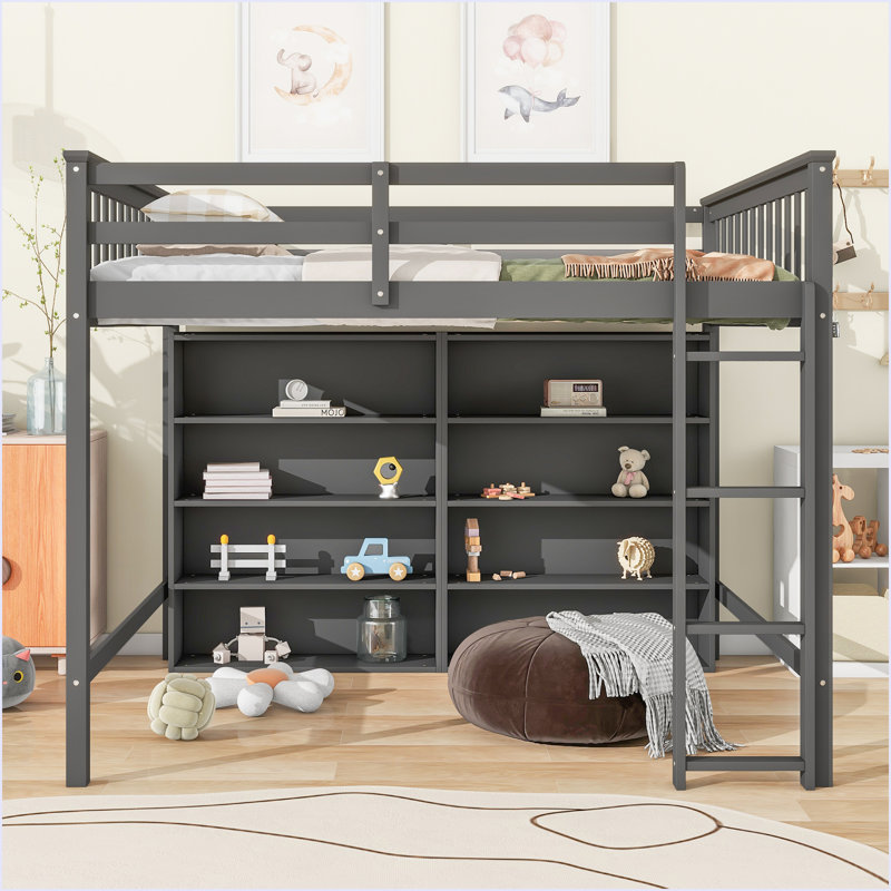 Lit mezzanine avec 8 tablettes de rangement ouvertes et échelle intégrée, Gris, Full