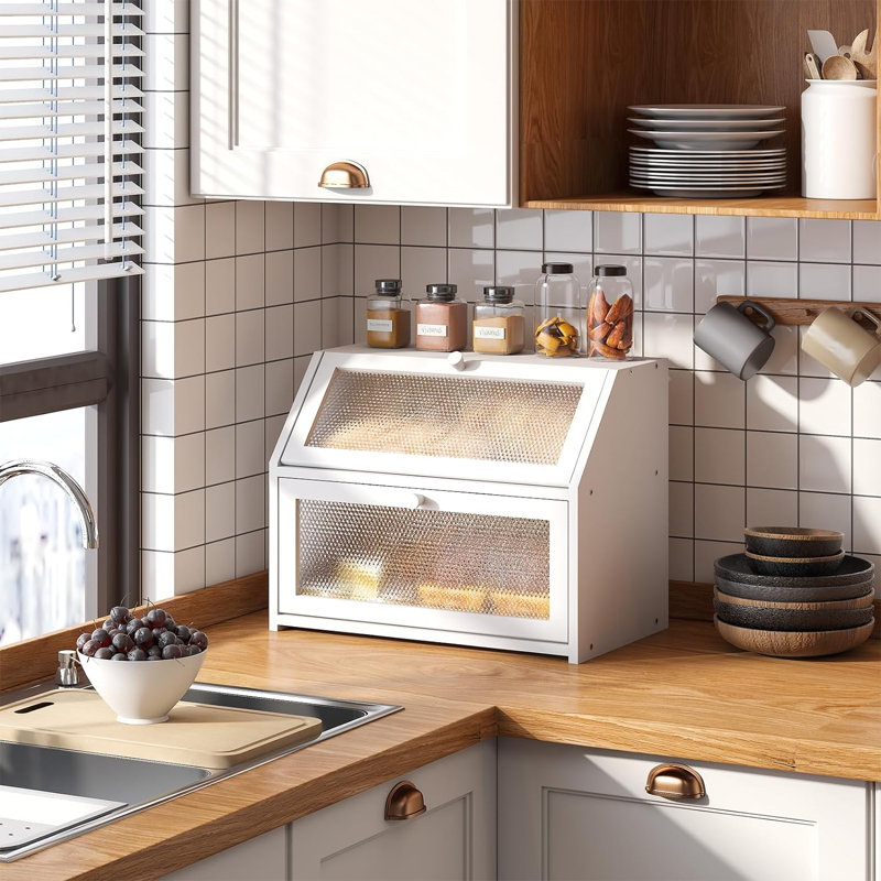 Breadbox For Kitchen Countertop Bin Bread Box Storage Airtight Container Extra Large Capacity Farmhouse Bread Box Double Layer With Diamond Pattern Windows Bread Holder Bamboo White