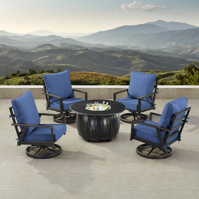 Ensemble de table de foyer en aluminium noir avec quatre fauteuils club, Bleu