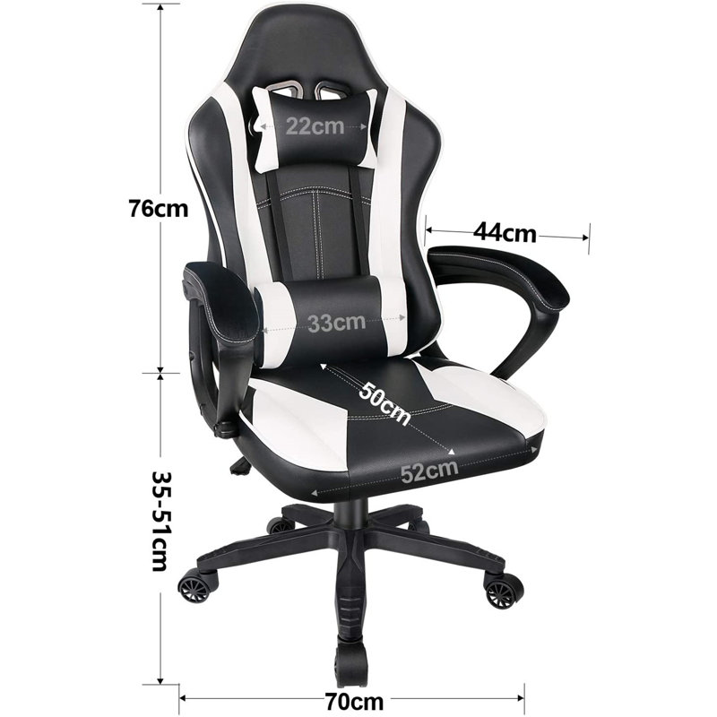 Fauteuil ergonomique de jeu pour PC, Noir et blanc
