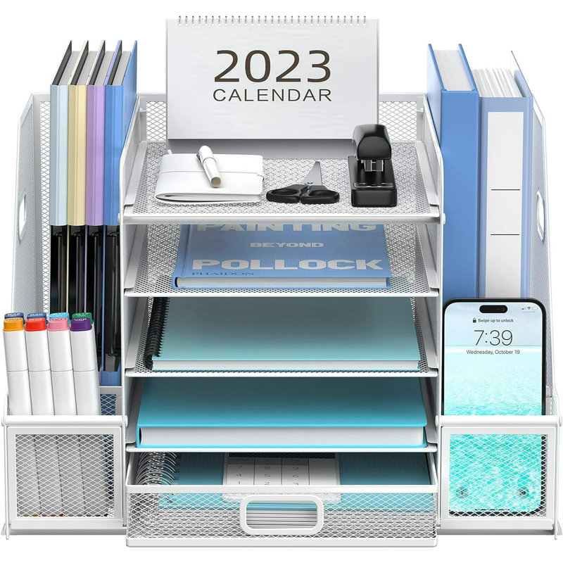 Organisateur de bureau en maille métallique à 5 niveaux avec 2 porte-classeurs, organisateur de papier, Blanc