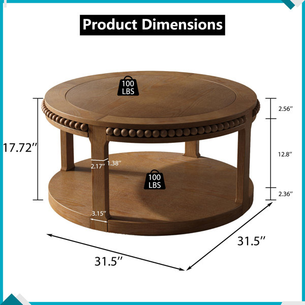Latitude Run® Rustic Round Solid Wood Coffee Table with 2-Tier Shelf ...