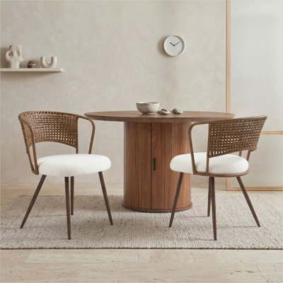 Ensemble de fauteuils de ferme 2 pièces, dossier en rotin tissé, coussin en éponge, pieds en métal, brun couleur bois, pour la cuisine de salle à manger