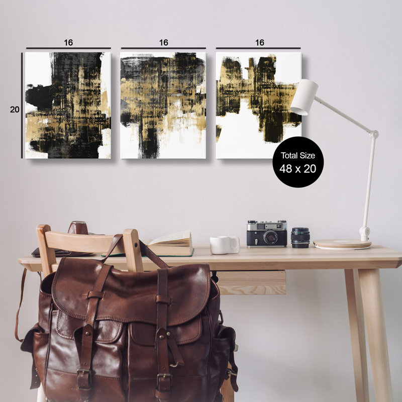 «Bold Black Brushstrokes Golden Distress Accent» par Alex Wise - ensemble de 3 impressions, H 20 po x l 16 po