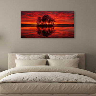 Canvas Wall Art Island Pine Trees Vibrant Red Sunset Lake Reflection Wall Decor for Living Room Bathroom Bedroom Office 20"H x 40"W Art Paintings, Rea