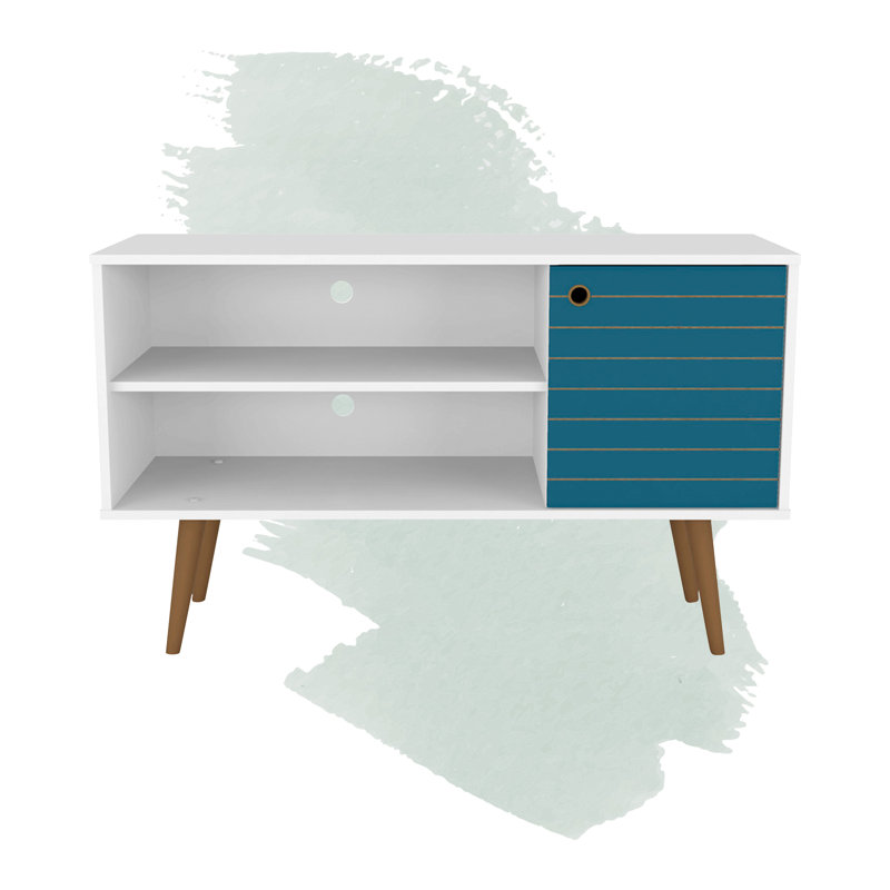 Liberty 43" Mid-Century Modern 3-Shelf TV Stand for TVs up to 43" in Blue Slate and White, White/Aqua Blue
