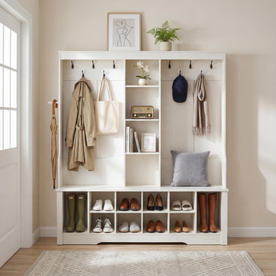59" Farmhouse Hall Tree With Shoe Storage,wood Coat Rack With Entryway Bench