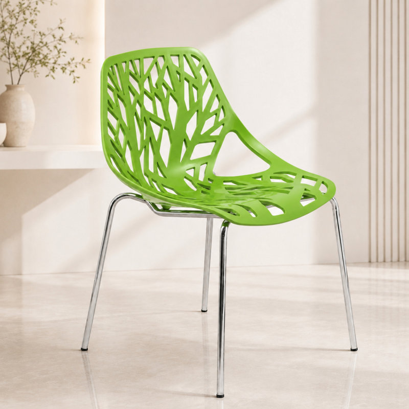 Chaise de salle à manger empilable Asbury avec dossier à découpes florales et pieds en acier inoxydable, Vert, 1