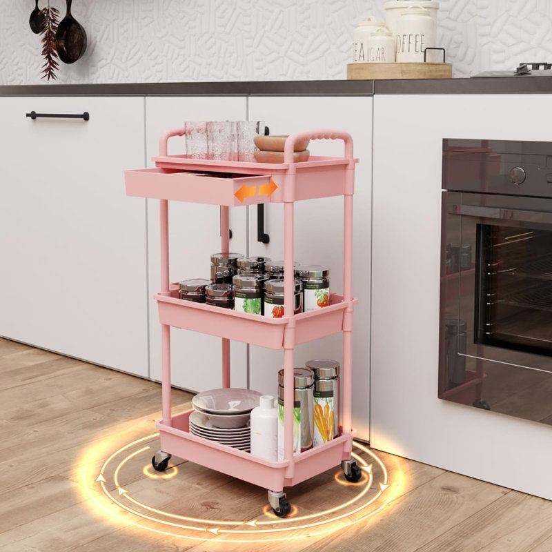 3‑Tier Utility Rolling Cart With Drawer, Mobile Storage Trolley On Wheels For Multi‑Room Household Use