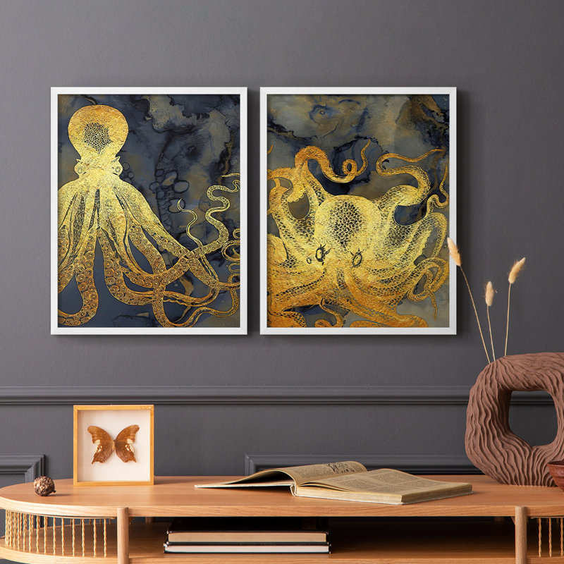 Encre pieuvre dorée et bleue, impression encadrée I-Premium - prête à être accrochée - aucun clou requis - aucun clou requis