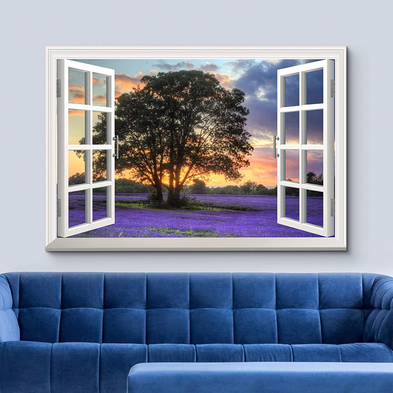 Window Scenery " Lavender Field And Big Tree At Sunset "