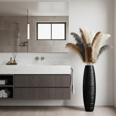  Vase large en résine, grand vase de plancher noir mat 35,4 po avec texture nervurée horizontale pour les branches d'herbe de la pampa séchée, décoration intérieure moderne pour le vestibule d'angle du salon