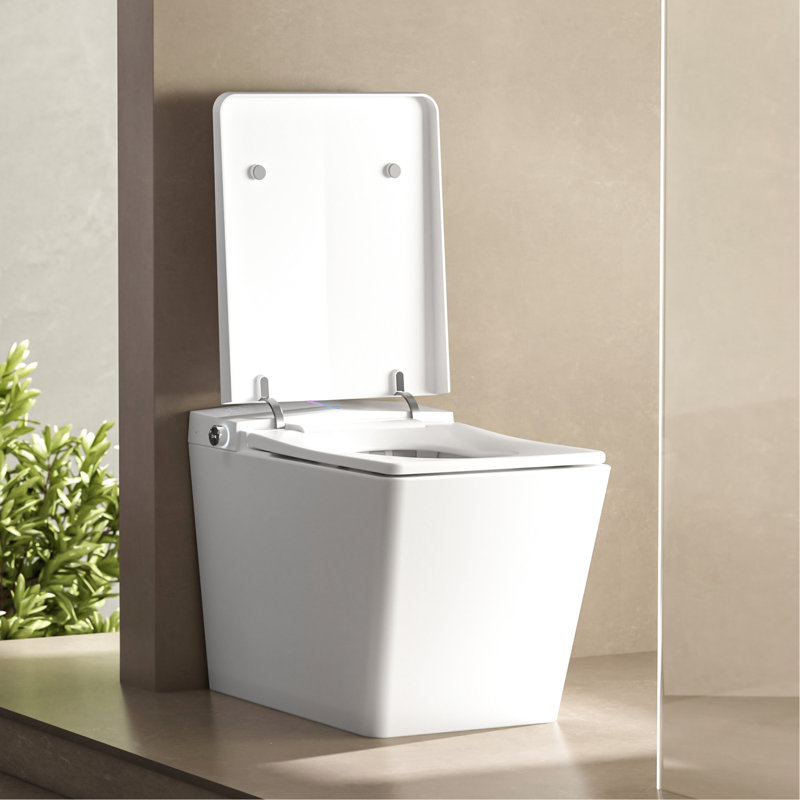 Modern Bathroom Square Smart Toilet With Attached Tank - Remote-Controlled, Auto-Flush, Heated Seat, Led Monitor, User Tailored, White For Bathrooms Remote Controlled Flushing, Display, Configurable