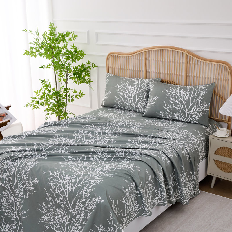 Microfiber Floral Sheet Set, Full Sheet Set + 1 Fitted Sheet + 2 Pillowcases, Gray