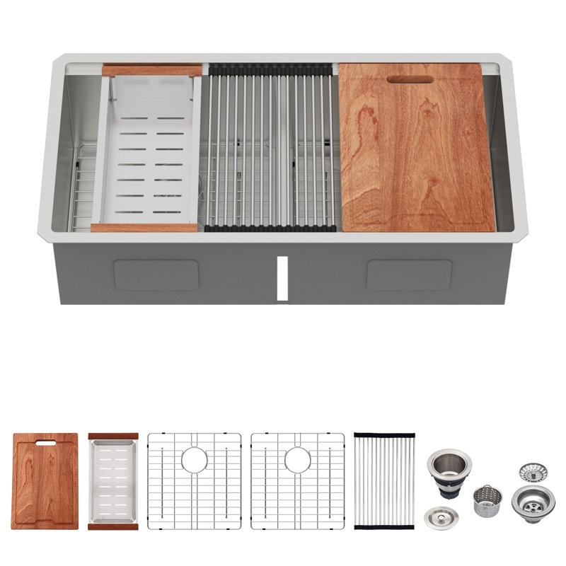 Évier de cuisine à double cuve encastrable L 36 po x l 19 po à double cuve 50/50 avec accessoires en acier inoxydable