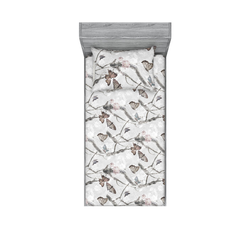 Drap-housse et taies décoratives 3 pièces Ambesonne, Gris pâle, rosé / floral