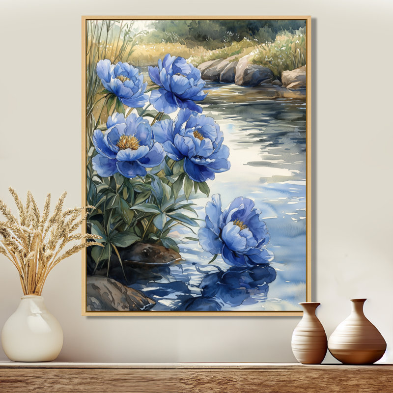 Bleuet bleu pivoines au bord de la rivière I - pivoines, reproduction d'art sur toile encadrée, H 20 po x l 12 po