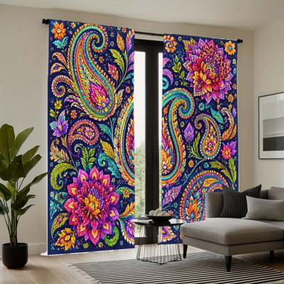 2PCS Vibrant Paisley Boho Chic Bohemian Floral Pattern Thin Light Filtering Curtains, Artistic Flower Mandala Design, Easy Hang Rod Pocket Decor, All-Season for Home Living Room Bedroom Dormitory Decoration