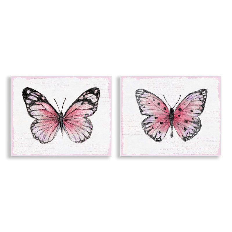«Pink Butterflies with Vintage Cursive», ensemble de 2 plaques murales, design par Janet Tava