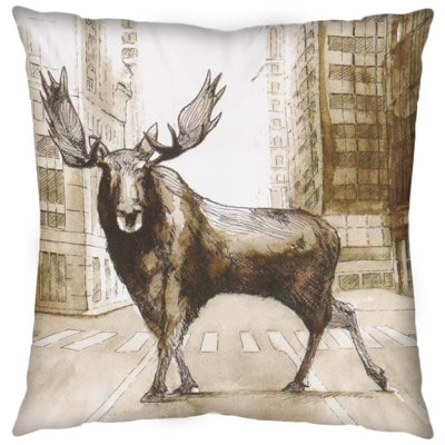 18" Brown And Cream Moose Linen Throw Pillow Cover