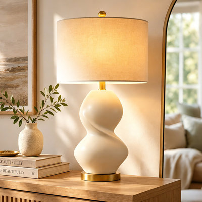 Iftikar 28.5"White Ceramic Gourd Table Lamp With Golden Base