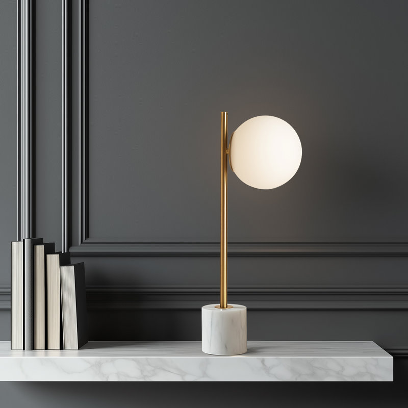 Lampe de table moderne minimaliste de 20,3 po avec base en pierre de marbre et abat-jour en verre lune, compatible avec une ampoule E26 - idéale pour la chambre à coucher, le salon ou le bureau