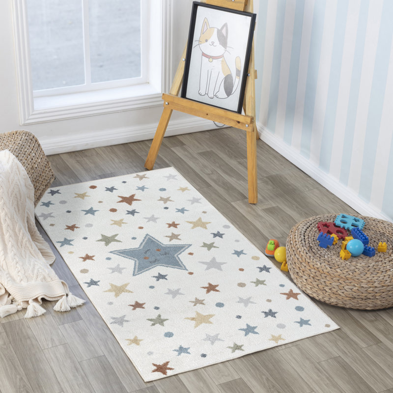 Reagyn Kids Machine Washable Multicolour Blue Bedroom Area Rug, Rectangle 80 x 150cm
